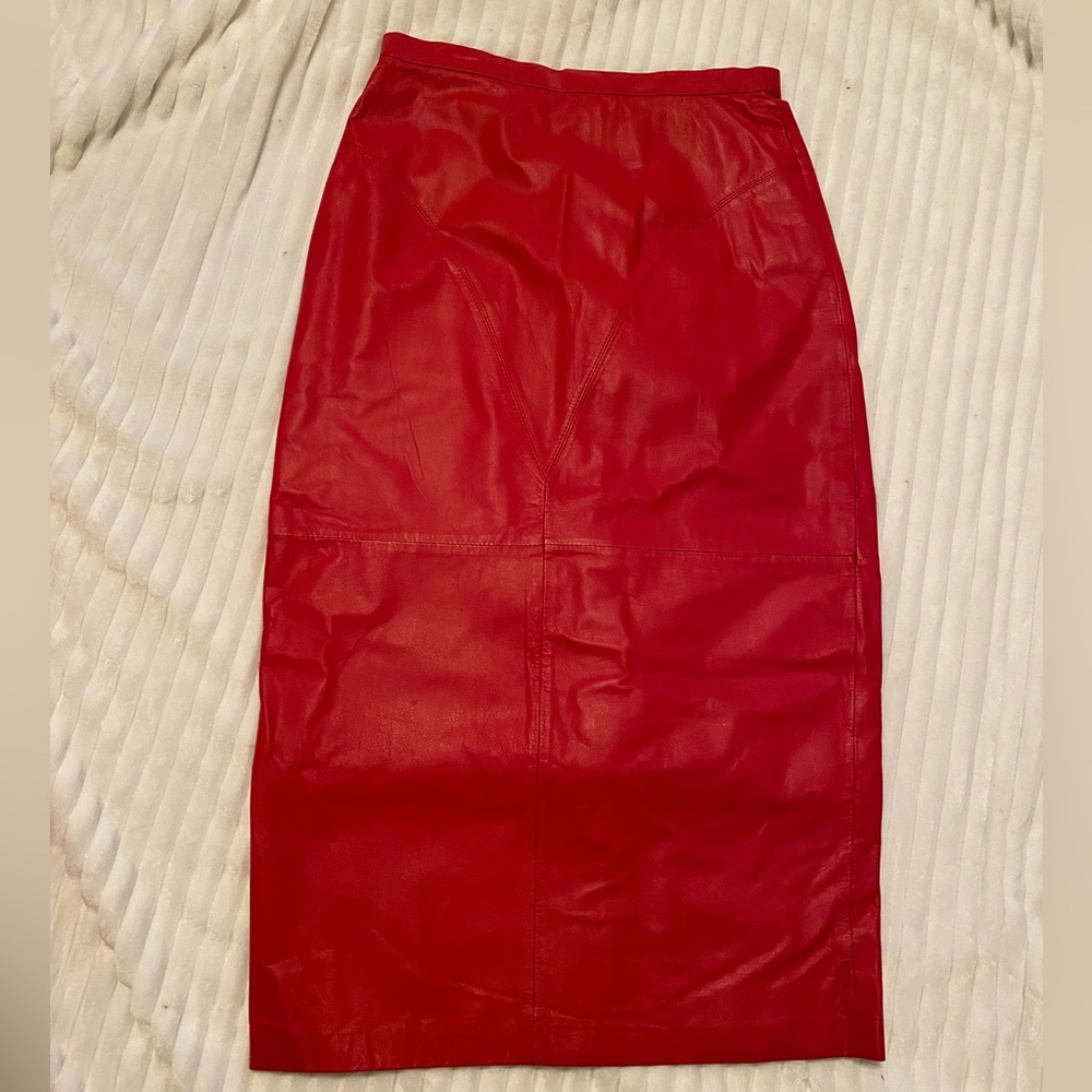 90’s vintage red leather midi skirt